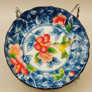 Vintage trinket dish featuring hummingbird and hibiscus